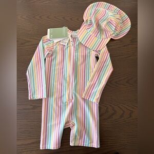 NWT H&M Striped Pastel Baby Sunsuit with Matching Cap Rash Guard Size 3-4T